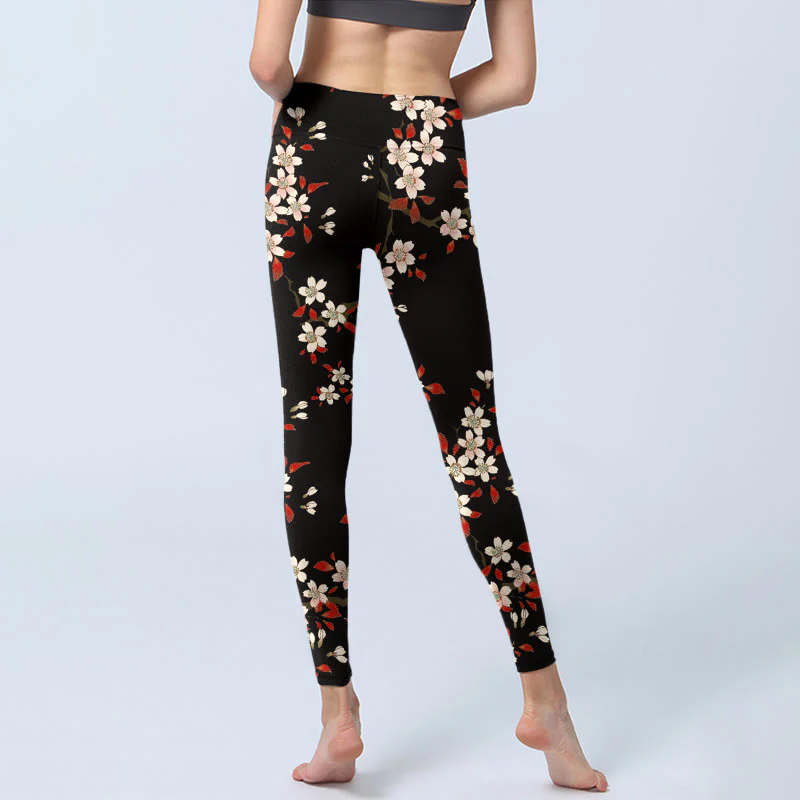 Buddha Stones White Cherry Blossoms Red Leaves Print Gym Leggings Women's Yoga Pants