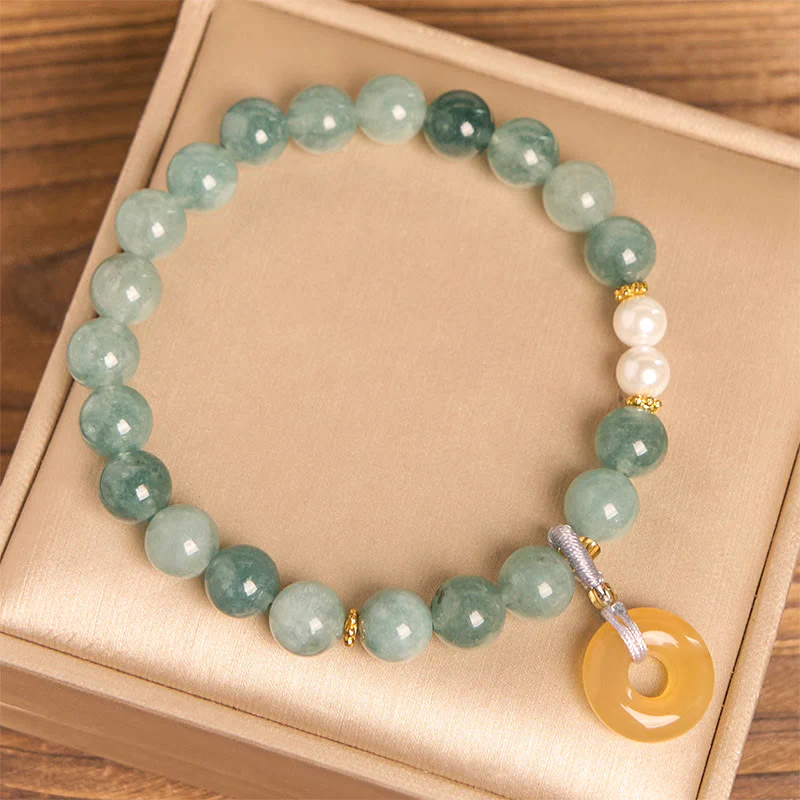 Buddha Stones Blue Jade Peace Buckle Pearl Beads Prosperity Bracelet