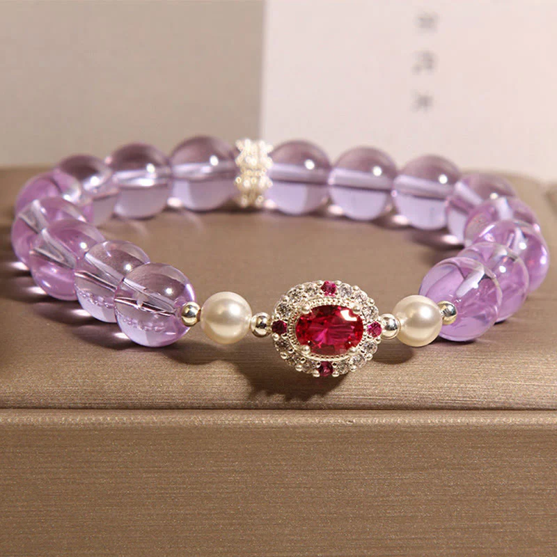 Buddha Stones Natural Amethyst Pearl Red Zircon Balance Bracelet