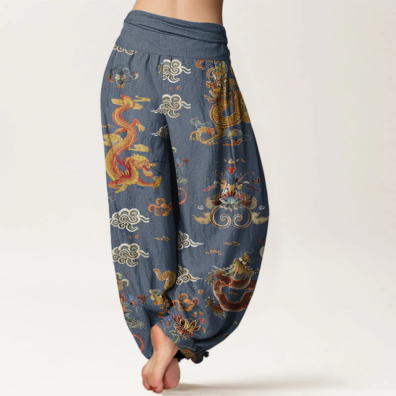 Buddha Stones Golden Dragons Auspicious Clouds Design Women's Elastic Waist Harem Pants