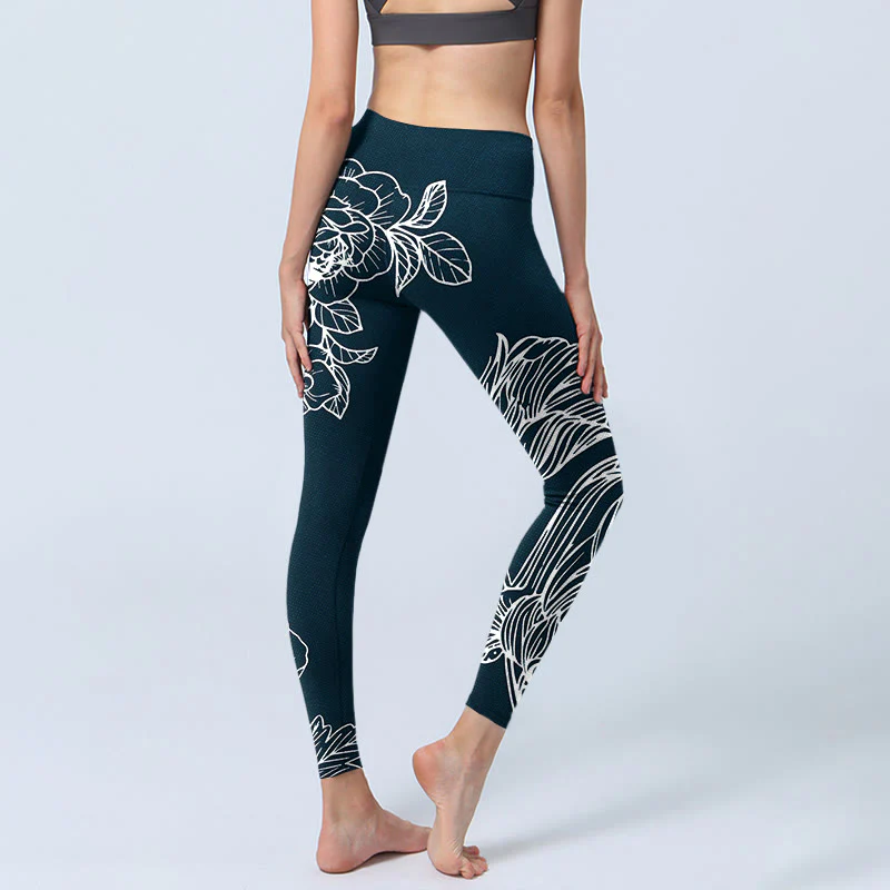 Buddha Stones Peony Epiphyllum Flowers Print Gym Fitness Leggings Women's Yoga Pants