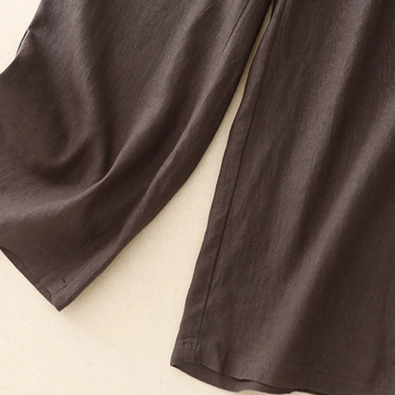 Buddha Stones Wild Plain Cotton Linen Women's Wide Leg Pants With Pockets