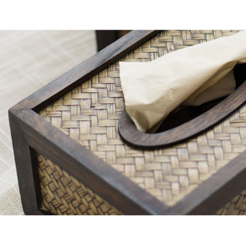 Buddha Stones Handmade Bamboo Woven Wood Tissue Box Wooden Tissue Holder Wipes Boxes Decoration