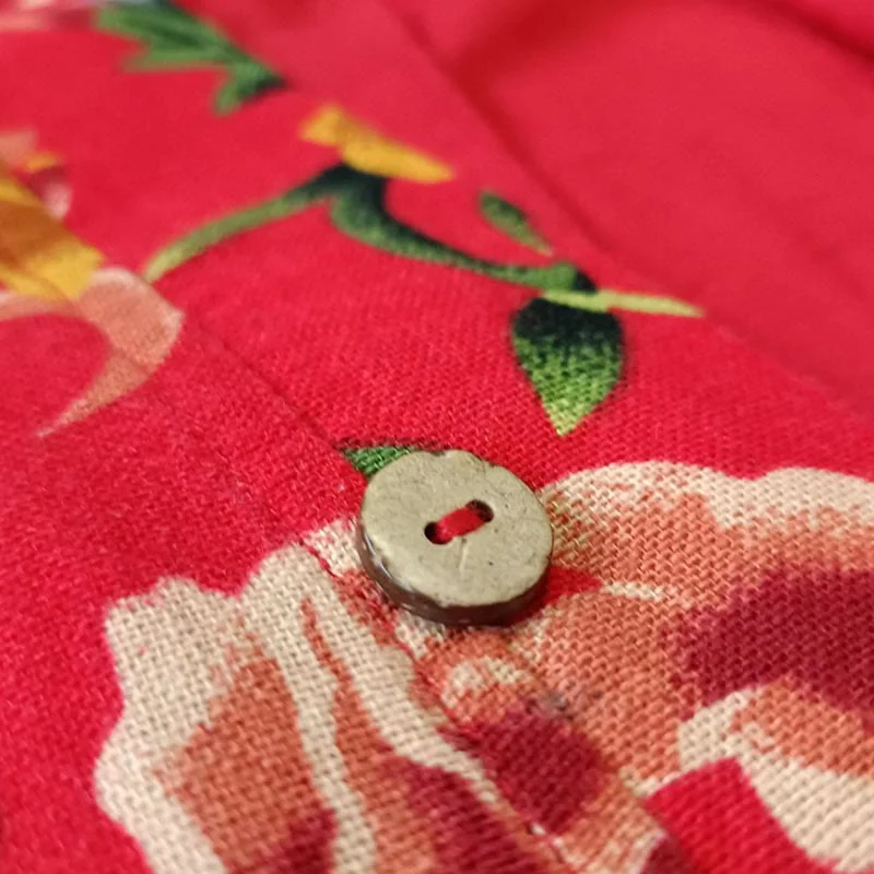 Buddha Stones Ethnic Style Northeast Red Flower Peony Print Cotton Linen Lace Up Jacket