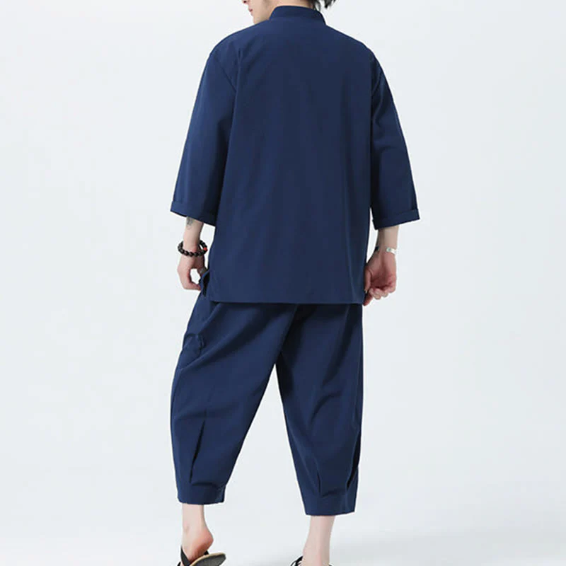 Buddha Stones 2Pcs Solid Frog-Button Three Quarter Sleeve Shirt Pants Men's Set