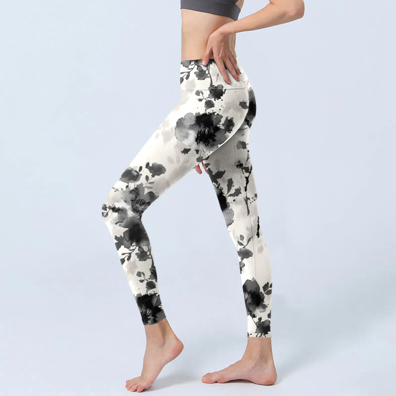 Buddha Stones Ink Painting Style Flower Pattern Print Gym Leggings Women's Yoga Pants