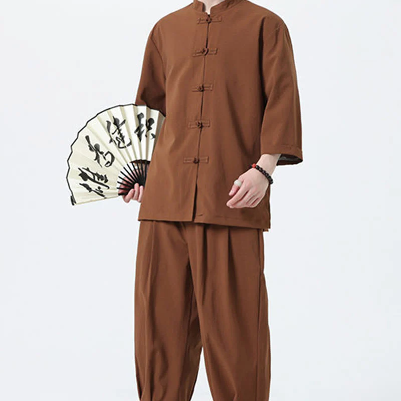 Buddha Stones 2Pcs Solid Frog-Button Three Quarter Sleeve Shirt Pants Men's Set