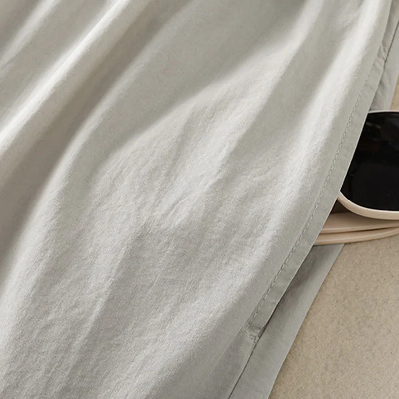 Buddha Stones Casual Plaid Pleats Buttons Design Long Sleeve Cotton Midi Dress With Pockets