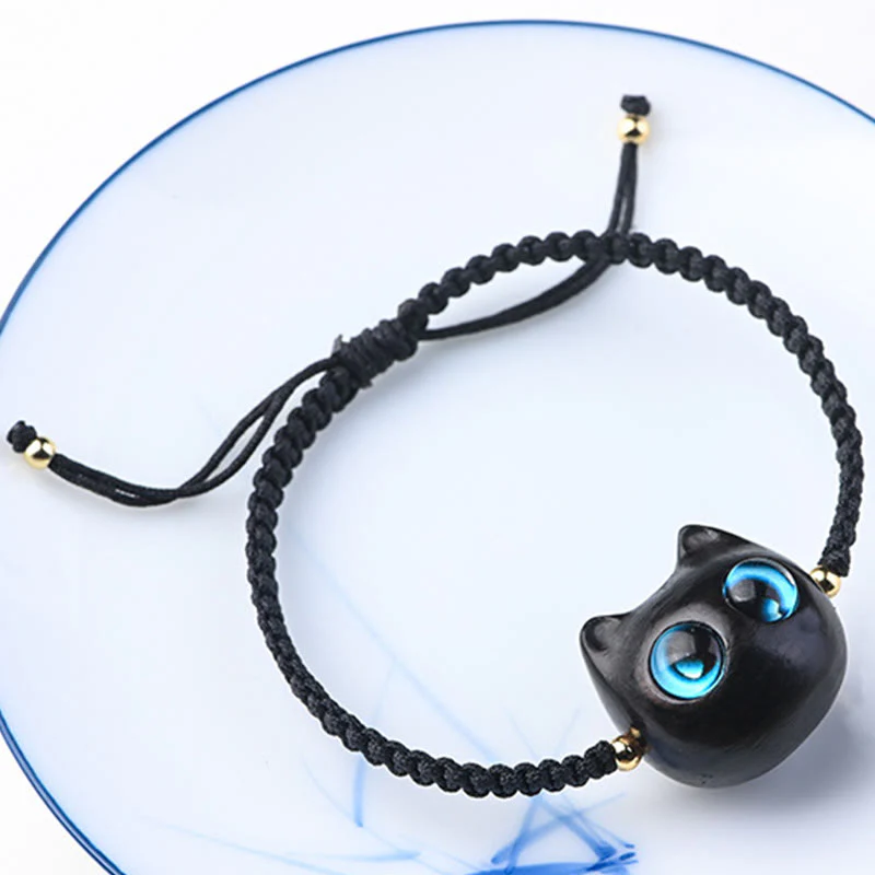 Buddha Stones Small Leaf Red Sandalwood Ebony Wood Cute Cat Head Calm Protection Braided Bracelet