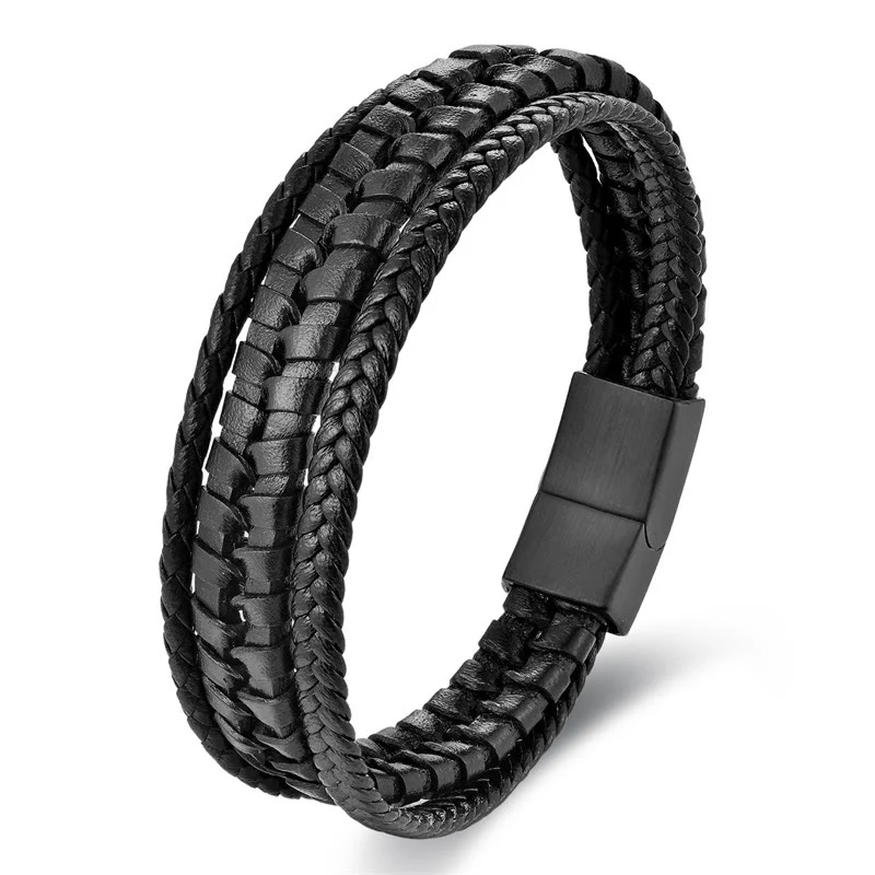 Buddha Stones Simple Braided Pattern Titanium Steel Strengthen Multi-layer Leather Buckle Bracelet