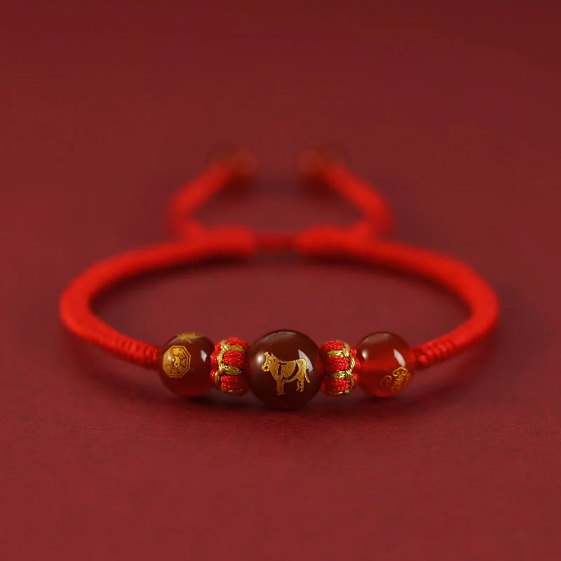 Buddha Stones Handmade Red Agate Chinese Zodiac Red String Braided Protection Bracelet