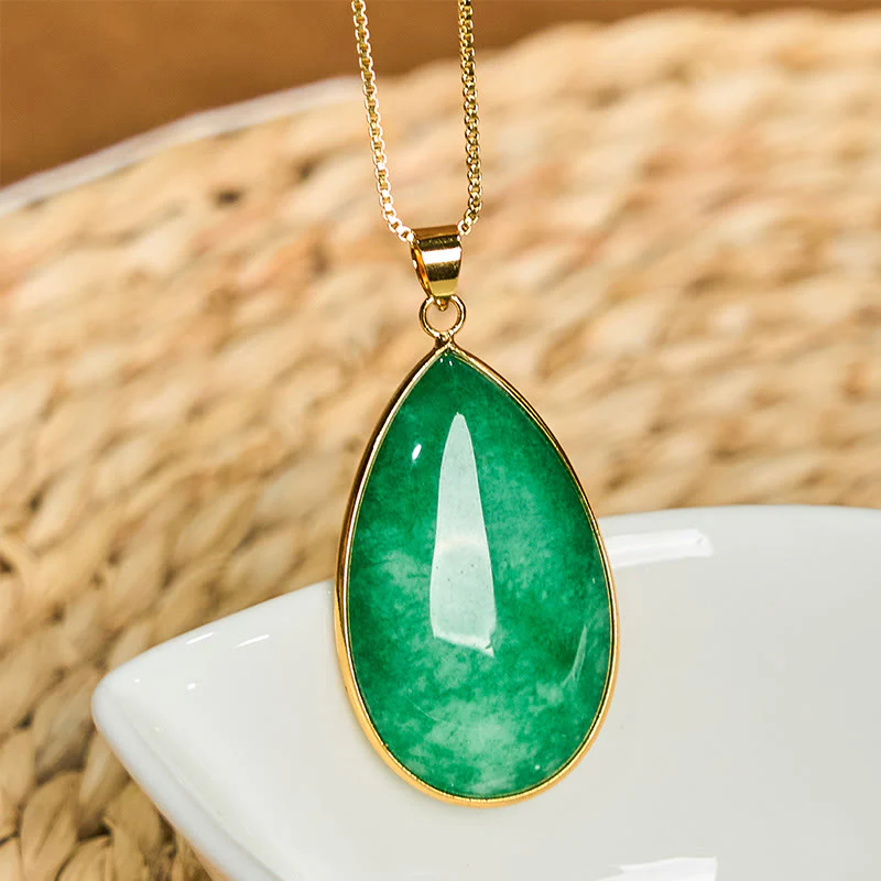 Buddha Stones Green Jade Water Drop Pattern Abundance Necklace Pendant