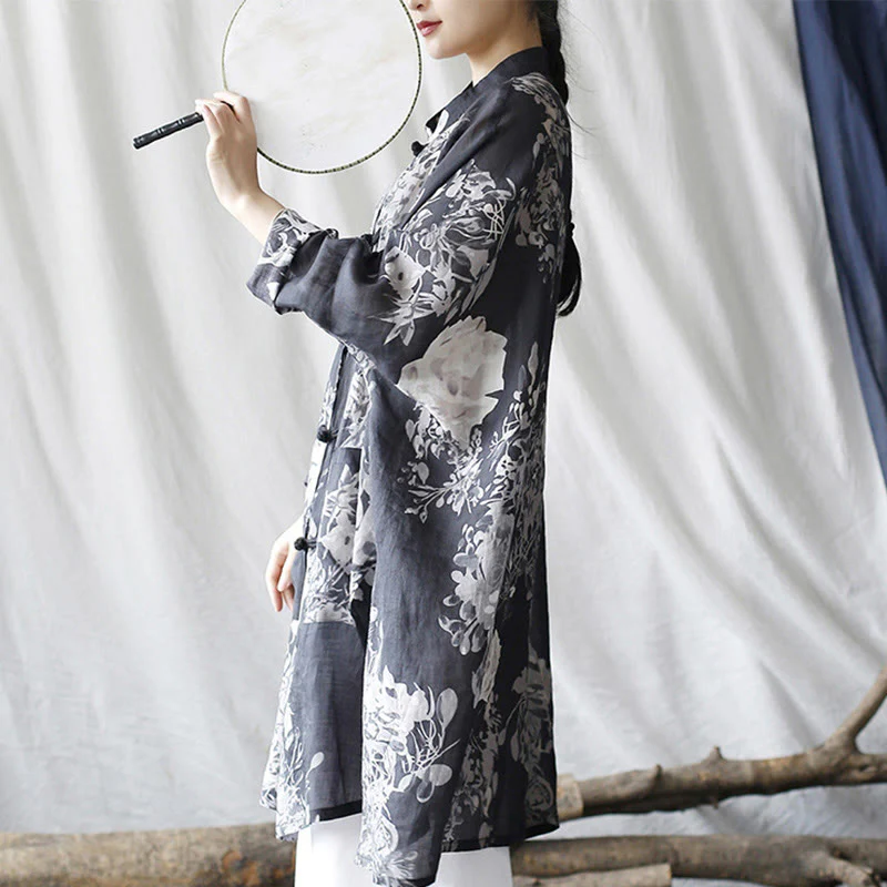 Buddha Stones Blue White Flowers Frog-Button Long Sleeve Ramie Linen Jacket Shirt With Pockets