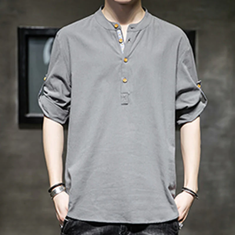 Buddha Stones Summer Solid Men's Half Buttons Half Sleeve Linen Shirt