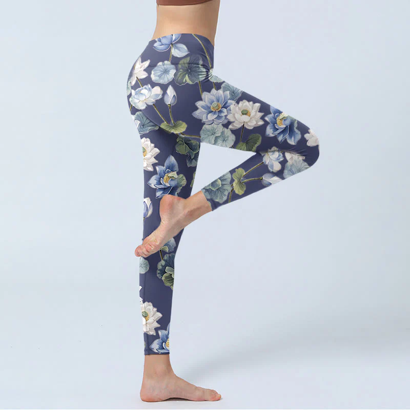 Buddha Stones Blue White Lotus Flowers Oil Painting Print Gym Leggings Women's Yoga Pants