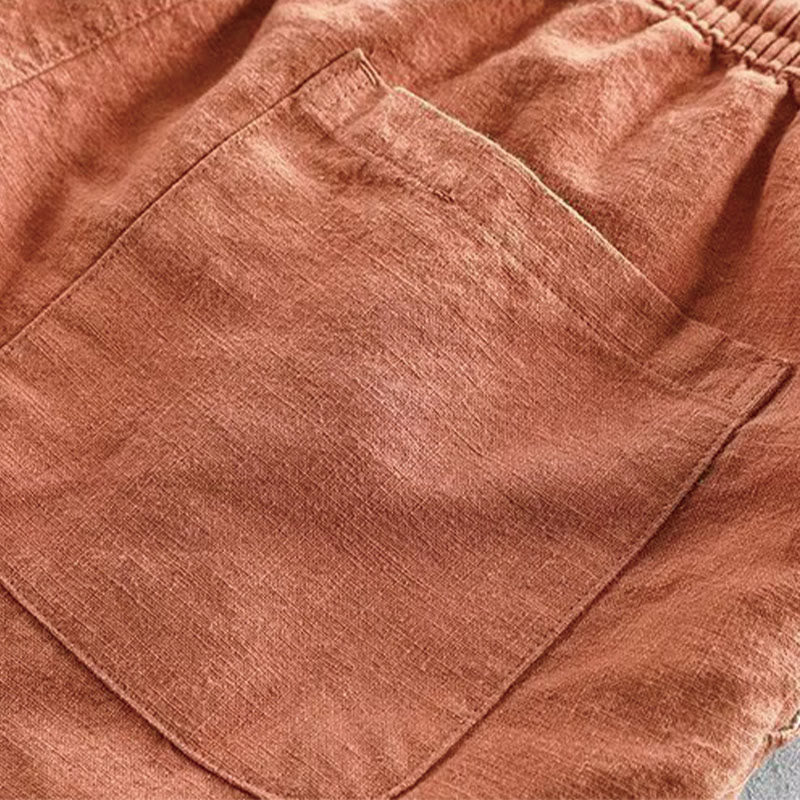 Buddha Stones Drawstring Elastic Waist Cotton Linen Men's Shorts With Pockets