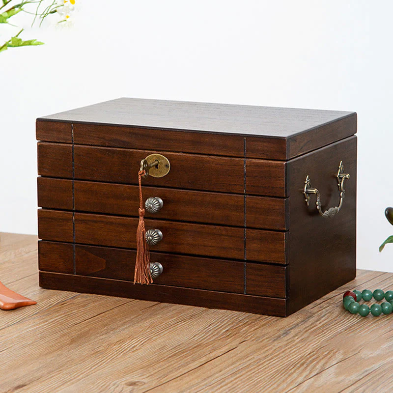 Buddha Stones Retro Solid Wood Jewelry Box Four-Layer Wooden Jewelry Storage Box