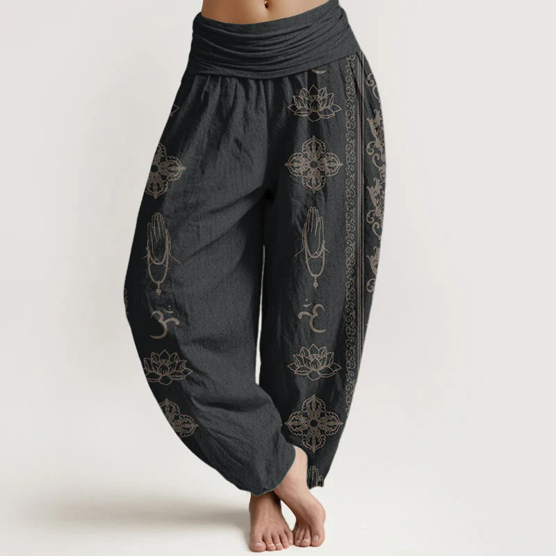 Buddha Stones Pure Cotton Lotus Flowers Double Dorje Vajra Namaste Om Design Women's Elastic Waist Harem Pants