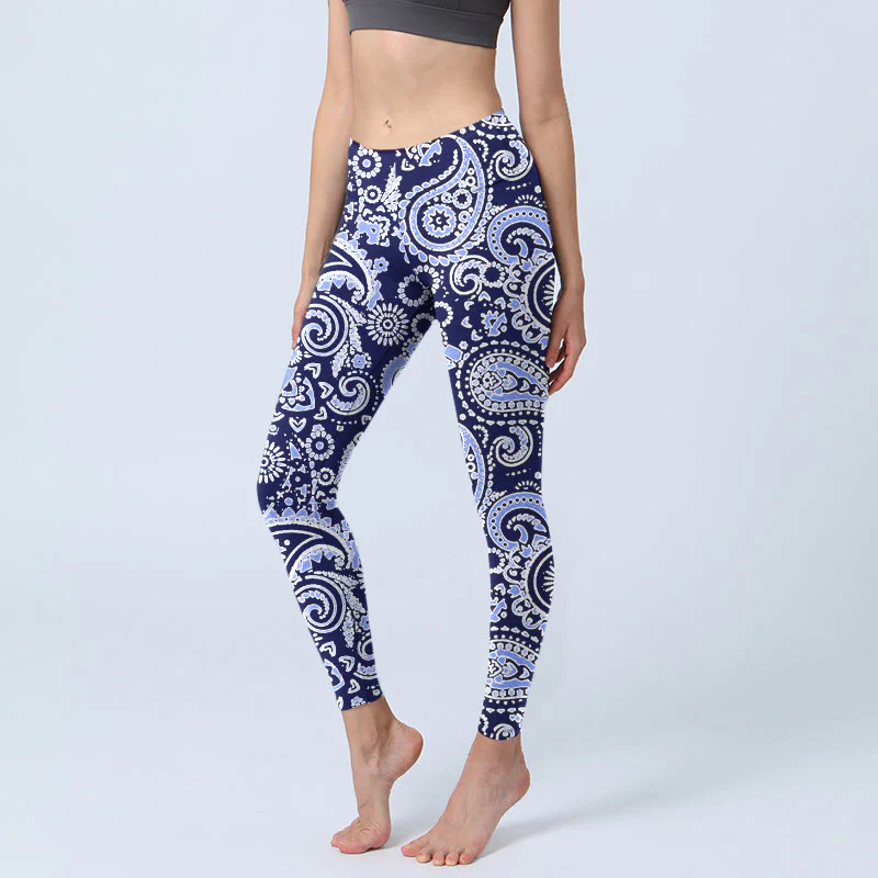Buddha Stones Purple Blue Cashew Flower Print Gym Leggings Women's Yoga Pants