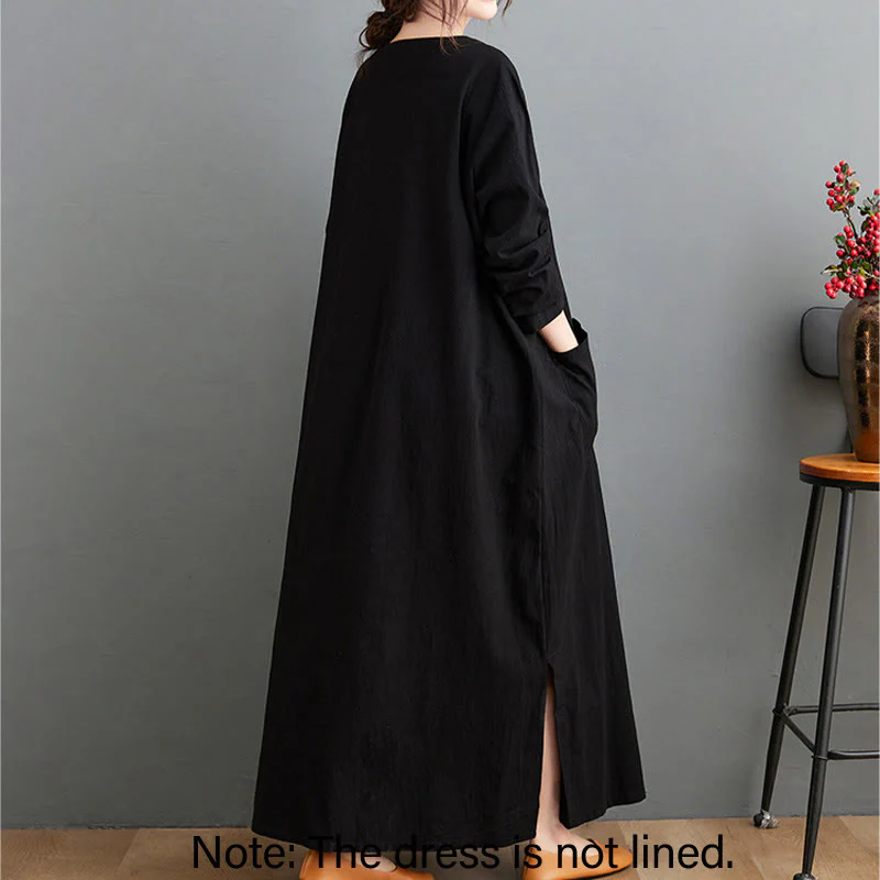 Buddha Stones Fall Casual Simple Design Long Sleeve Cotton Linen Maxi Dress With Pockets