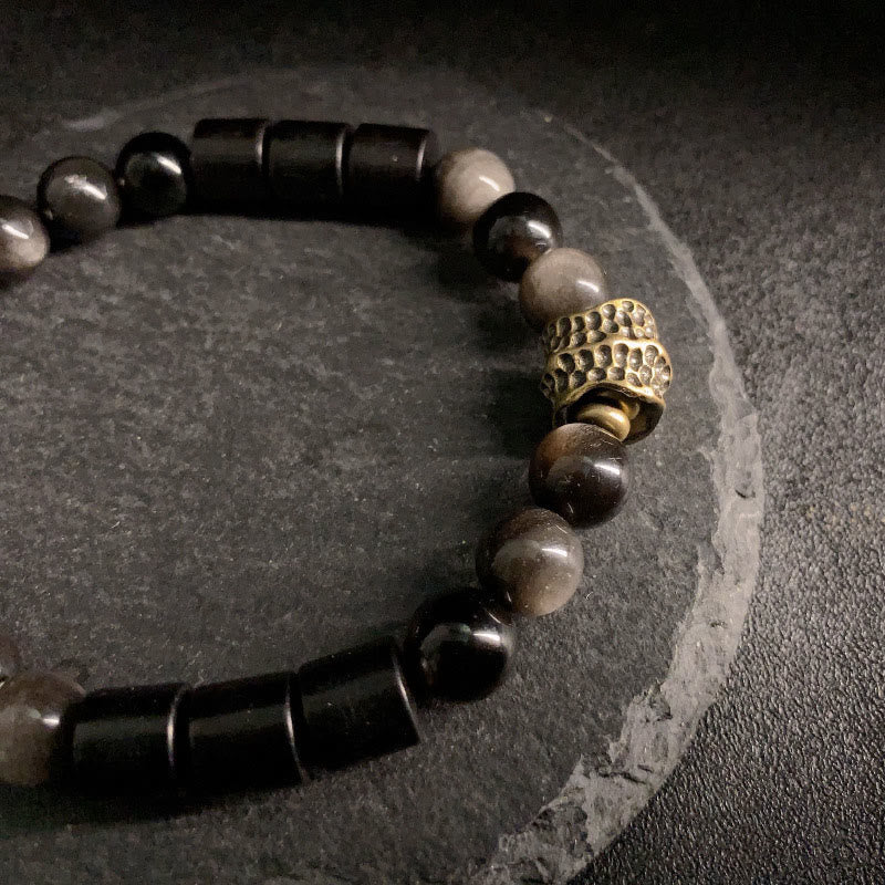 Buddha Stones Silver Sheen Obsidian Ebony Protection Bracelet