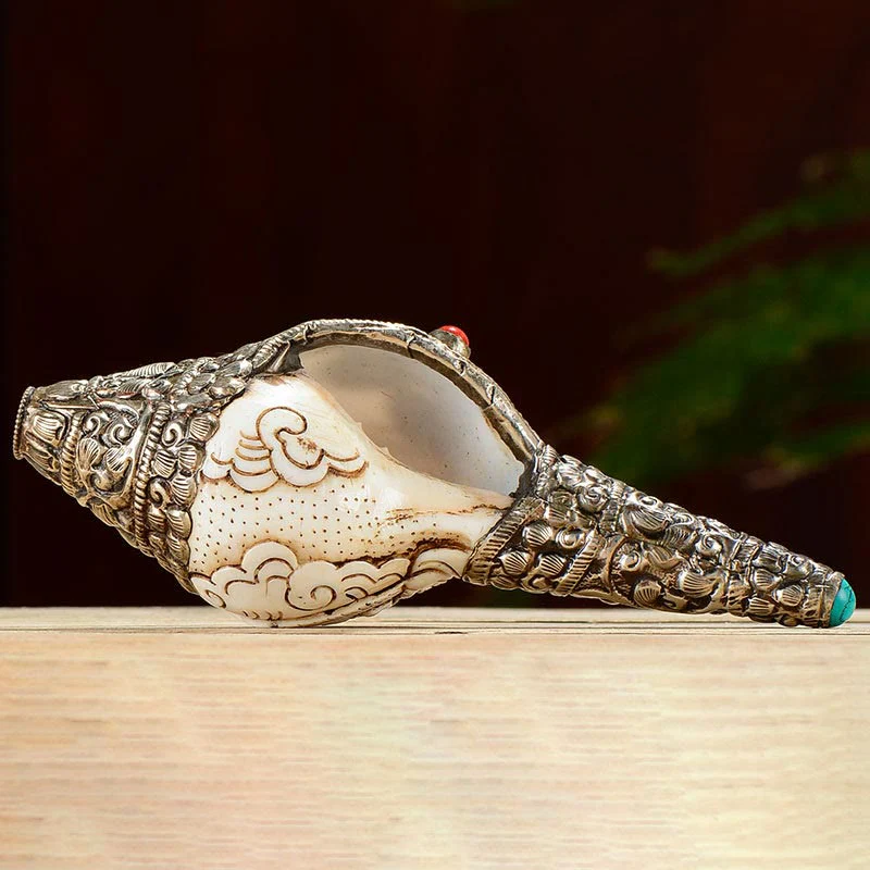 Buddha Stones Tibetan Handmade Engraved Shankha Buddha Conch Shell Wealth Positive Decoration