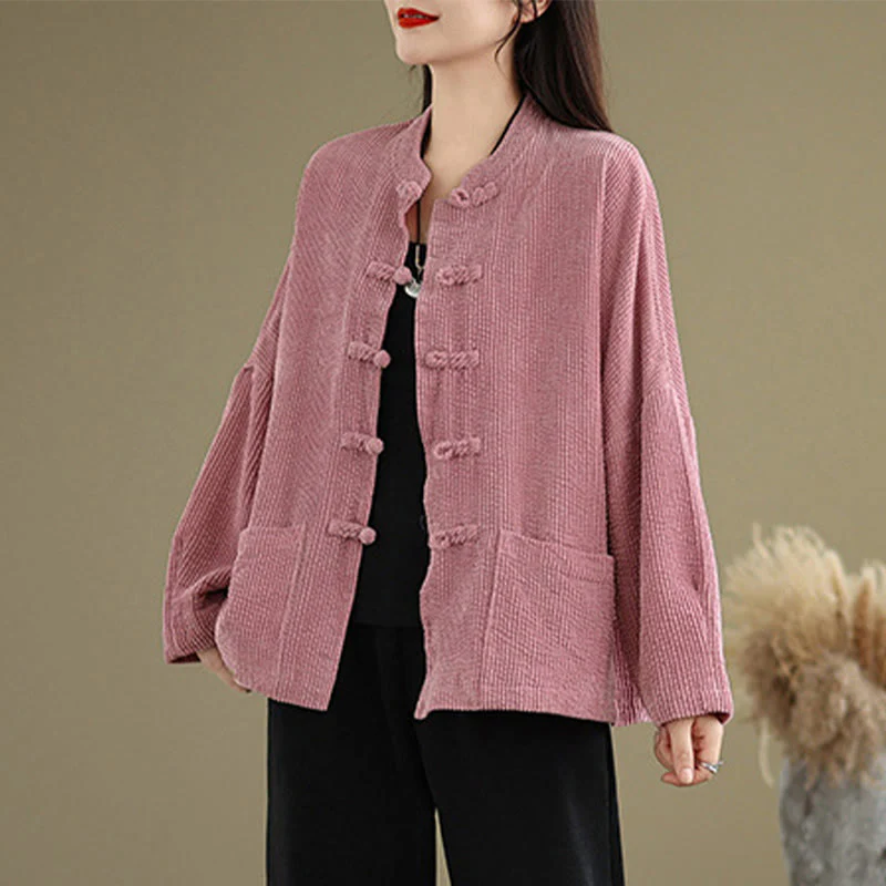 Buddha Stones Frog-button Stand Collar Women's Cotton Linen Corduroy Jacket