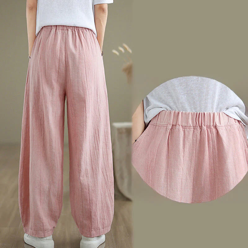 Buddha Stones Casual Plain Women's Cotton Linen Harem Pants With Pockets