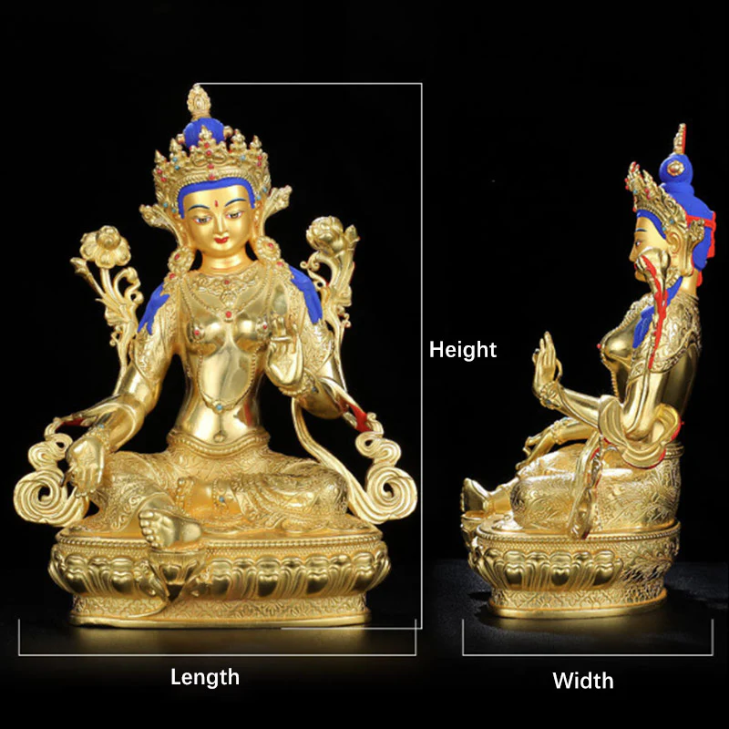 Buddha Stones Bodhisattva Green Tara Protection Copper Gold Plated Statue Decoration