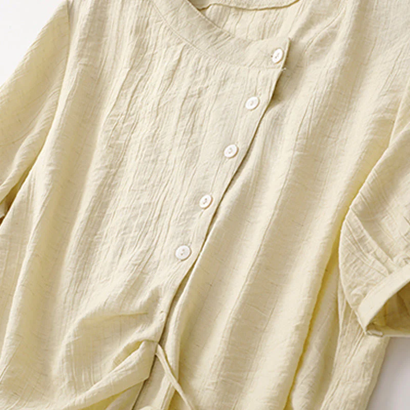 Buddha Stones Casual Plain Asymmetrical Lace-Up Design Puff Short Sleeve Women's Cotton Shirt