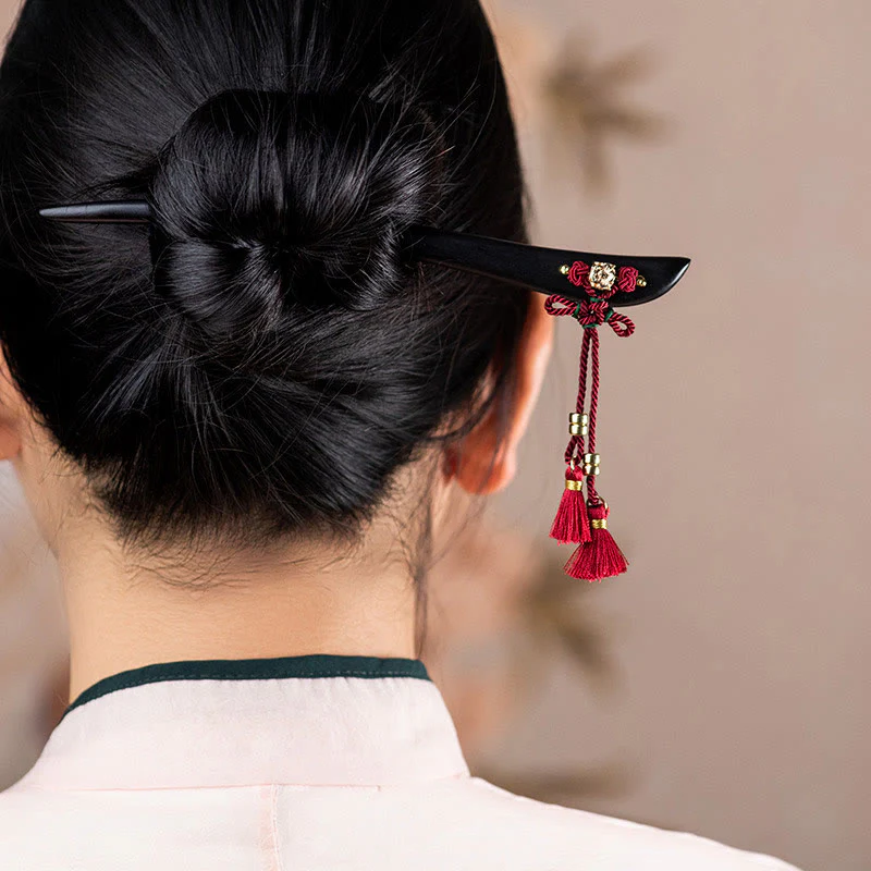 Buddha Stones Ebony Red String Chinese Knot Tassel Protection Hairpin