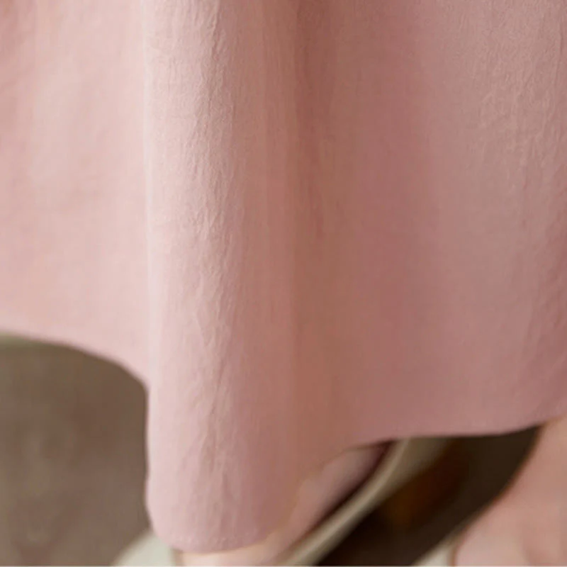 Buddha Stones Three-Dimensional Flower Design Ruffled Neck Cotton Linen Midi Dress With Pockets