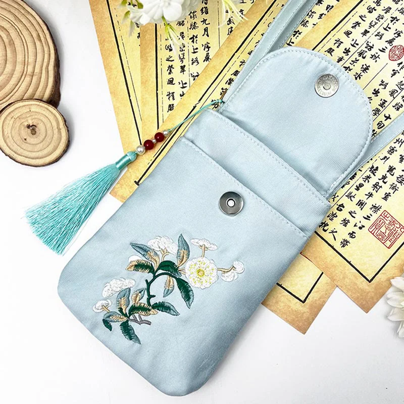 Buddha Stones Small Embroidered Flowers Crossbody Bag Shoulder Bag Double Layer Cellphone Bag