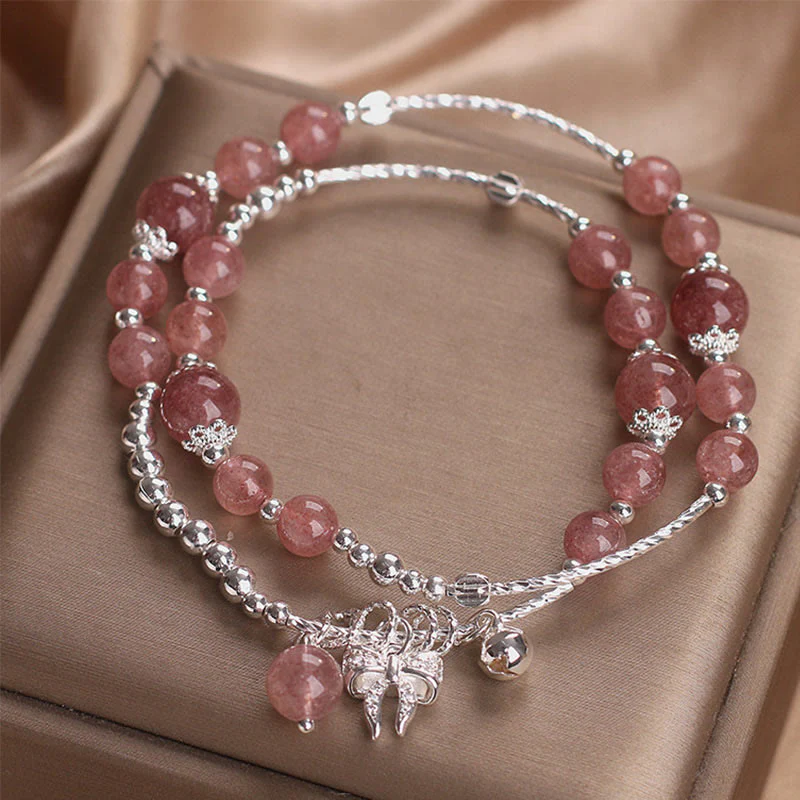 Buddha Stones Natural Strawberry Quartz Bow-knot Rosette Charm Healing Double Wrap Bracelet