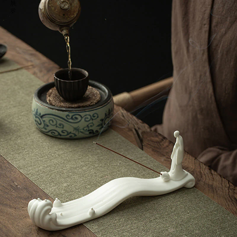 Buddha Stones Buddha Monk Ceramic Sea Wave Mountain Blessing Incense Burner Decoration