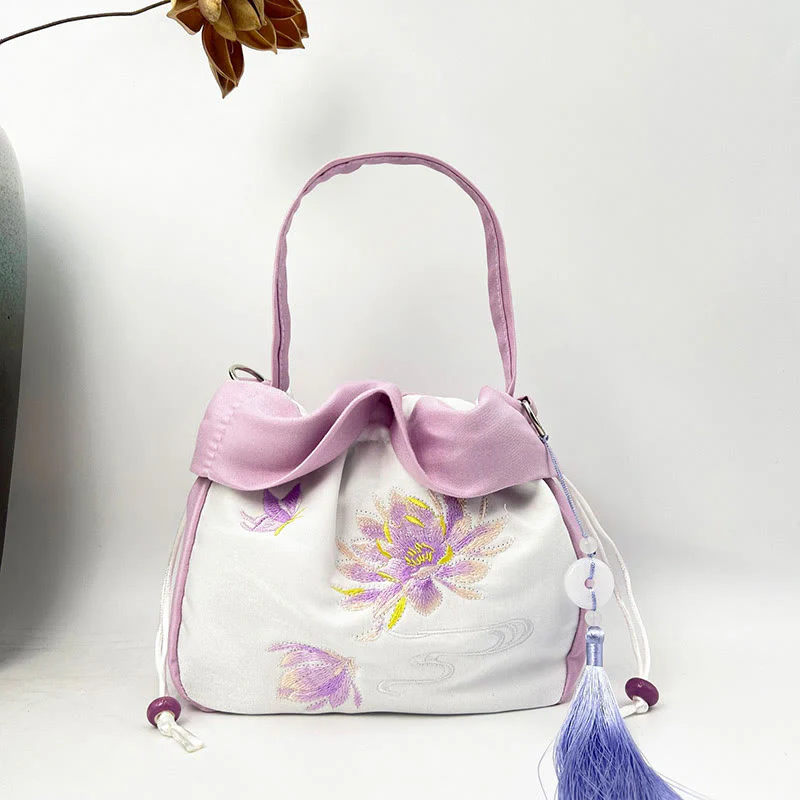 Buddha Stones Suzhou Embroidery Camellia Magnolia Peony Lotus Silk Tote Crossbody Bag Shoulder Bag Handbag