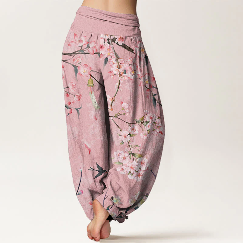 Buddha Stones Peach Blossoms Flying Geese Pattern Women's Elastic Waist Harem Pants