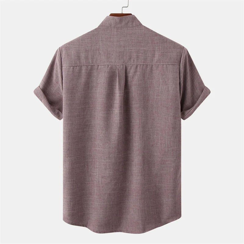 Buddha Stones Summer Men's Button Plain Short Sleeve Cotton Shirt With Pocket