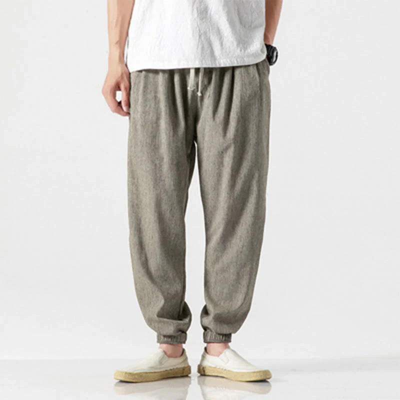 Buddha Stones Simple Drawstring Design Linen Men's Pants With Pockets
