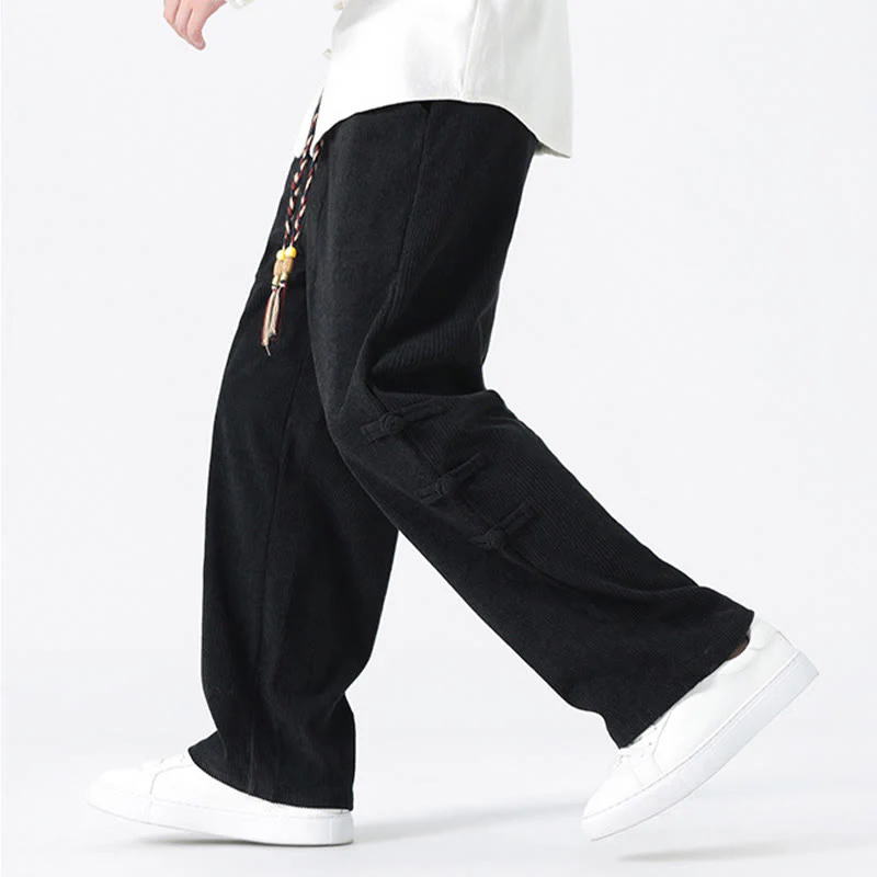 Buddha Stones Plain Chinese Frog-Button Design Drawstring Men's Corduroy Pants With Pockets