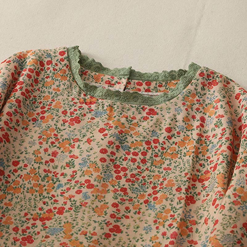 Buddha Stones Casual Floral Lace Crew Neck Balloon Long Sleeve Cotton Linen Midi Dress With Pockets