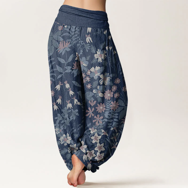 Buddha Stones Casual Daisy Flowers Leaves Design Women's Elastic Waist Harem Pants