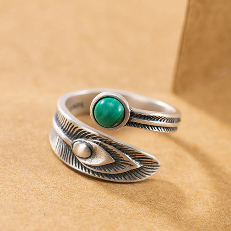 Buddha Stones 925 Sterling Silver Malachite Bead Feather Protection Ring