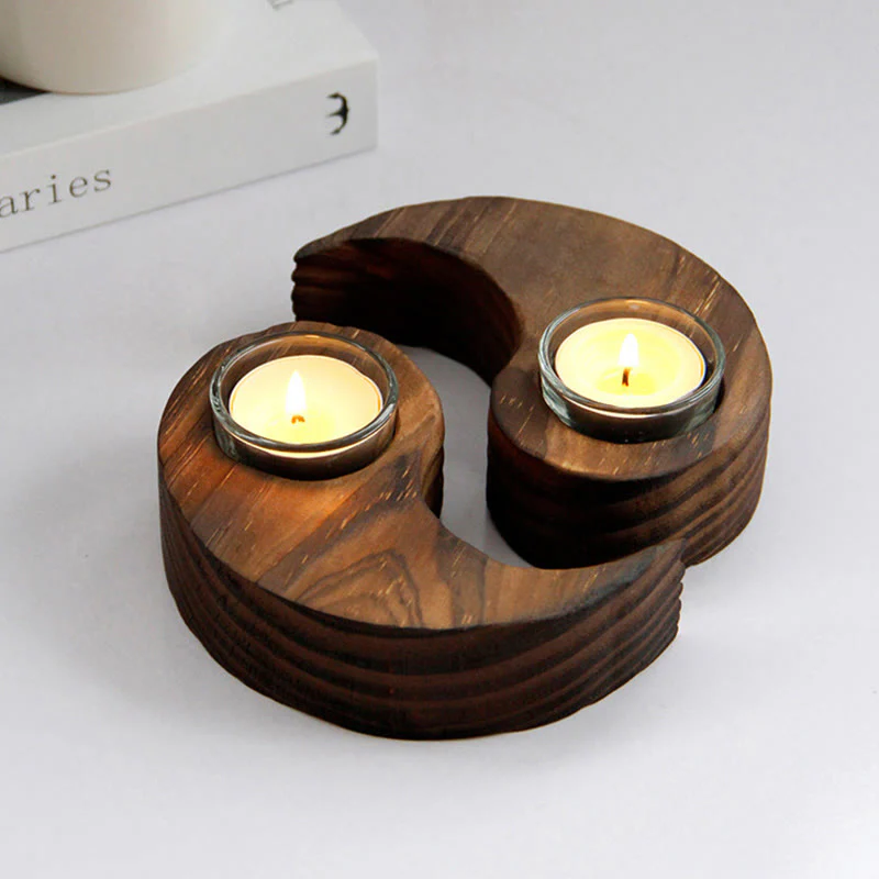 Buddha Stones Yin Yang Wood Candle Holder Meditation Rituals Use Items
