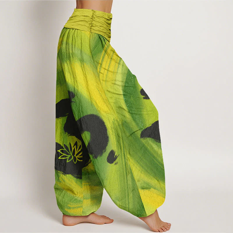 Buddha Stones OM Symbol Lotus Flower Pattern Women's Elastic Waist Harem Pants