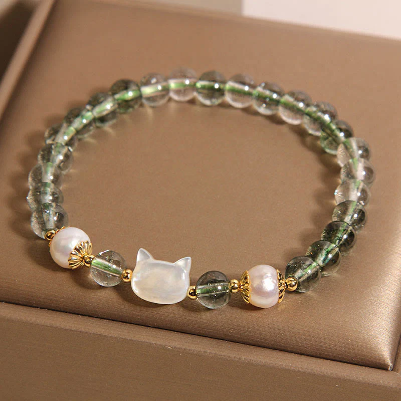 Buddha Stones Natural Green Phantom Pearl Shell Cat Head Lucky Bracelet