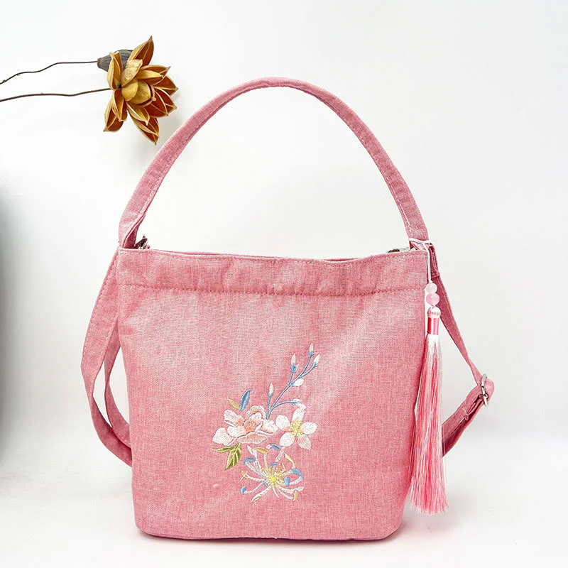 Buddha Stones Embroidery Wisteria Plum Lotus Cherry Blossom Cotton Linen Canvas Tote Crossbody Bag Shoulder Bag Handbag