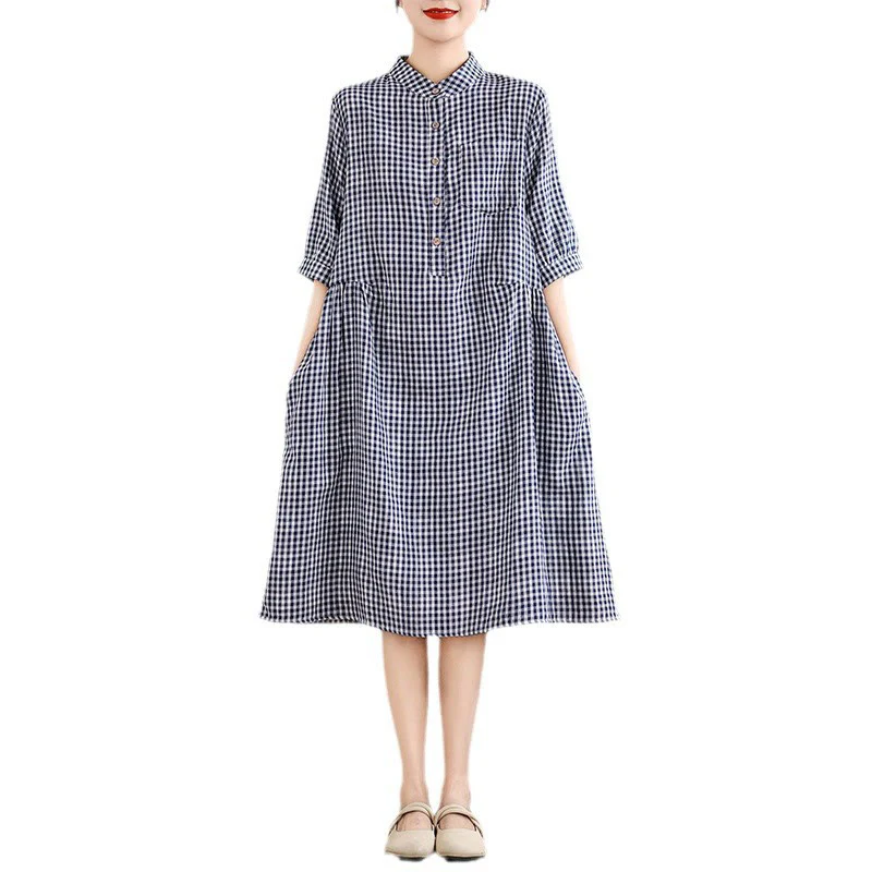 Buddha Stones Casual Plaid Pattern Half Sleeve Cotton Linen Midi Dress With Pockets