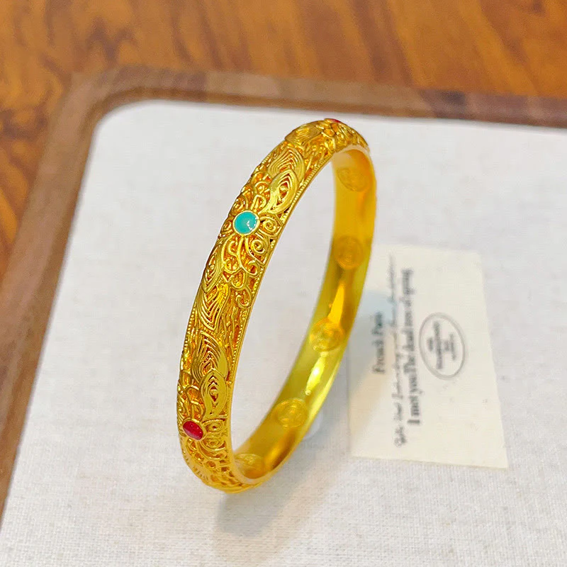 Buddha Stones Copper Plated Gold Flowers Leaves Luck Bracelet Bangle