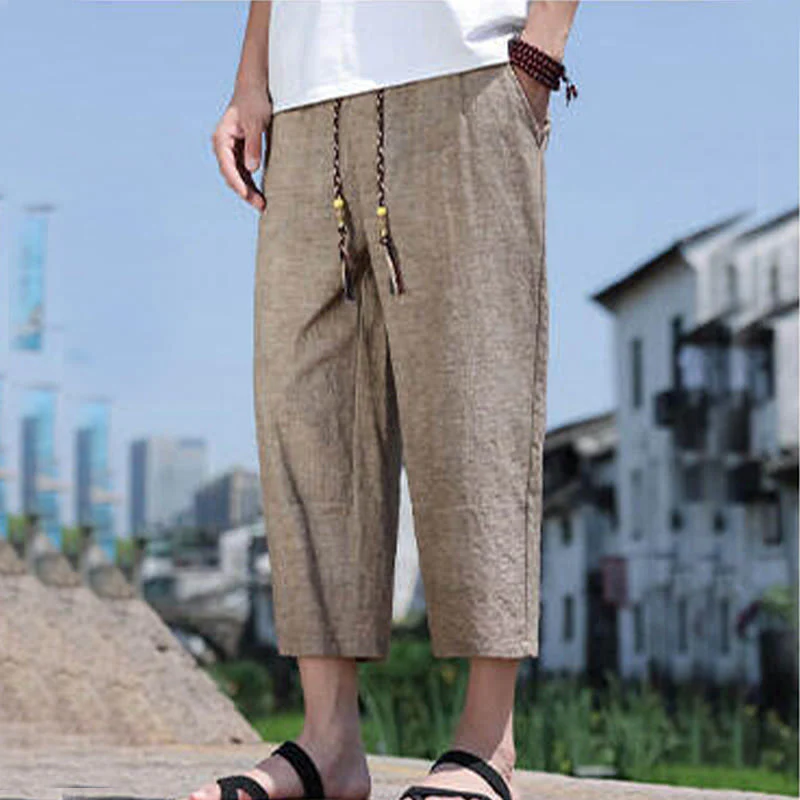Buddha Stones Casual Woven Bead Waist Rope Men's 7-8 Length Spandex Pants With Pockets